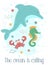 Vector image of a dolphin, crab and seahorse underwater. Marine hand-drawn illustration for girl, birthday, holiday, summer party