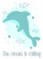 Vector image of a dolphin, starfish and bubbles underwater. Nautical hand-drawn illustration for girl, birthday, holiday, summer