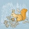 Vector image of drawn red squirrel with pine cone sitting on spruce branch against winter frozen forest