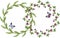 Vector image of floral wreathes from drawn white lilies of valley and purple clovers with flying butterflies