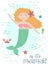 Vector image of a funny little mermaid with red hair with a starfish, crab and seahorse under water. Sea hand-drawn illustration