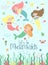 Vector image of funny little mermaids, seaweed and sea creatures. Marine hand-drawn illustration of underwater kingdom for girl,