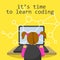A vector image of a girl sitting at the desk and coding on the laptop making a block chain with a yellow background.