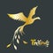 Vector image of a golden silhouette of a phoenix on a dark background and the inscription `Firebirds`