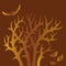 Vector image of halloween trees with bat and leaves in golden orange tones