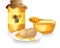 Vector image of honey in a jar. Appetizing fresh amber honey. and fresh sandwich or toast bread