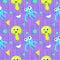 Vector image of joyful smiling jellyfish and octopus on a checkered pink-blue background. Seamless pattern for textile