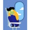 A vector image of a man in the airplane having an aerophobia. A passenger being nervous and in a stress. A color image for a