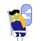 A vector image of a man in the airplane having an aerophobia. A passenger being nervous and in a stress. A color image for a