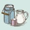 Vector image of a milk canister, a jug for milk and a cup.