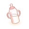 Vector image of a new born baby bottle with handles and pink pacifier. Infant vector icon. Child item.
