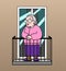 Vector image of an old woman on the balcony. Good old grandmother. Elderly woman,