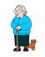 Vector Image Of An Old Woman With Glasses And With A Cane. Good Old Grandmother With A Red Cute Cat. Elderly Woman, Senile People