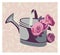 Vector image pink roses in a watering-can