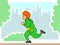 Vector Image Of A Running Old Woman In The Park. An Old Woman With Red Curly Hair, In A Tracksuit, In Sneakers. Elderly Woman,