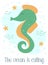 Vector image of a seahorse and starfishes underwater. Sea hand-drawn illustration for girl, birthday, holiday, summer party, card