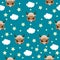 Vector image seamless pattern bull with many clouds and stars