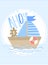 Vector image of a ship with the inscription Ahoy on a striped blue background. Illustration on the sea theme for a boy sailor. Inv