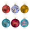 Vector image of six colorful balls with greeting New Year and Christmas inscriptions in Russian and English.