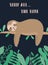 Vector image of a sleepy cute sloth on the branch in the night. Hand-drawn cartoon illustration for child, tropical summer,