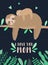 Vector image of a sleepy sloth hugs baby in the night. Hand-drawn cartoon illustration for child, tropical summer, holiday, card,