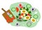 Vector Image With Sliced Vegetables, Lettuce Leaves And Eggs, Cutting Board With A Knife