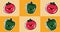 Vector image of smiley faces on green bell peppers and tomatoes against orange background