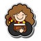 Vector image of a smiling curly smart girl with a book, a young sorceress. Image for sticker, stripe, poster, baby clothes, fabric