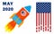 Vector image of a spaceship flight with astronauts on the background of the American flag, the concept of launching tourists to
