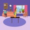 A vector image of a tense home environment. Vector illustration of a cartoon man sitting on the sofa says wife is crying