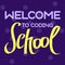 A vector image with a text welcome to children coding school. A freehand text with the purple background for children coding