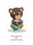 Vector image of a toy bear, with a reference to Slavic roots, sitting with a cup in Turkish