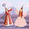 Vector image of two dancing girls in Kazakh national costume on the background of a mountain landscape