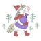Vector image of an unicorn in a hat, scarf and boots with a bag of gifts. Greeting card with christmas trees on the background. Co