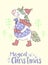 Vector image of a unicorn in a hat, scarf and boots with a bag of gifts. Greeting card with the inscription Magical Christmas. The