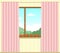 Vector image of a window with curtains in the living room. Seedlings or houseplants in pots on a windowsill. View from the window