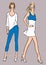 Vector image of young fashionable women in summer dress and jeans