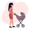 Vector image of a young mother with a baby carriage. Walking with your baby
