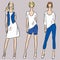 Vector image of young slim women in jeans,dress, t-shirts and denim vest and shorts