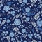 Vector indigo coloured mixed floral and leaves seamless repeat pattern background.