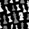 Vector infinite pattern of white chess on a black background. World Chess Day. Banner for the holiday in the chess style