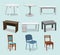 Vector interior design illustration. collection set of elements. designer trendy furniture. table and chair modern and