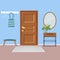 Vector interior of home hallway with furniture in cartoon flat style. Template of entrance of house door, mirror, white furniture