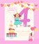 Vector invitation design template for birthday party with bd cake, garlands, candy, gifts, balloons, big 4 and happy girls charac
