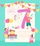 Vector invitation design template for birthday party with bd cake, garlands, pinata, gifts, balloons, big 7 and happy kids charac