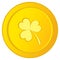Vector Irish Gold Coin with Shamrock Image. Golden Coin with Three-Leaf Clove