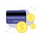 Vector isolate illustration of credit or debit plastic cardwith dollar or cent coins.