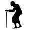 Vector isolated black silhouette of an old woman with cane