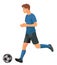 Vector isolated boy figure of a school football player in blue sports equipment in profile runs after the ball