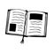 Vector isolated element. The open book. A book with a bookmark. Education. Bookstore. Office supplies. Black hand drawn doodle on